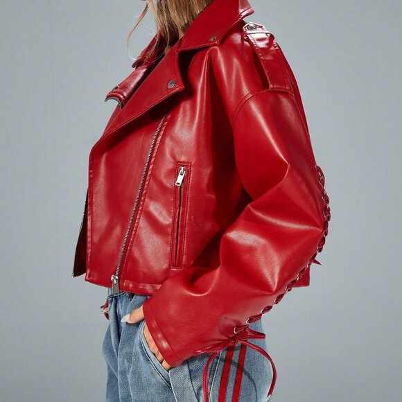 Red lace up details faux leather biker jacket - Picture 3 of 7